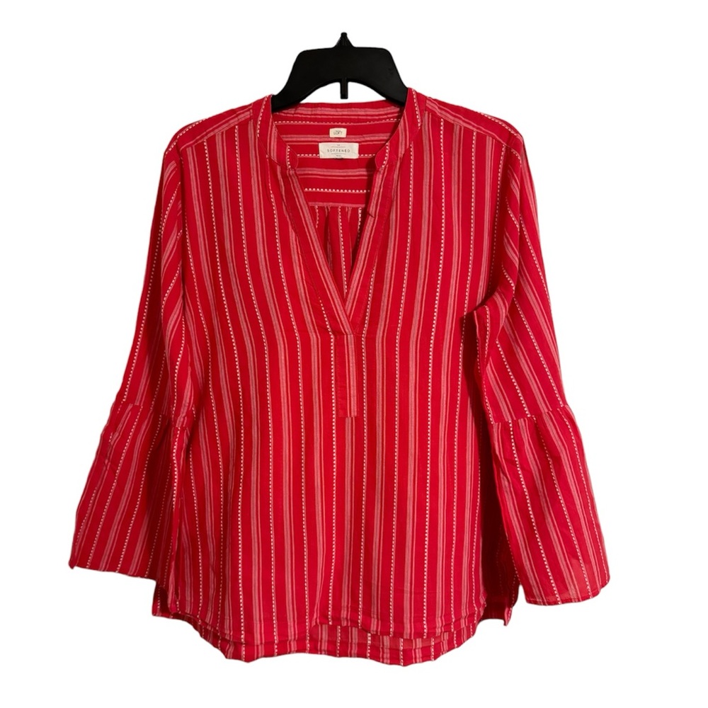 LOFT Women’s Bell Sleeve Red and White Striped V Neck Blouse M